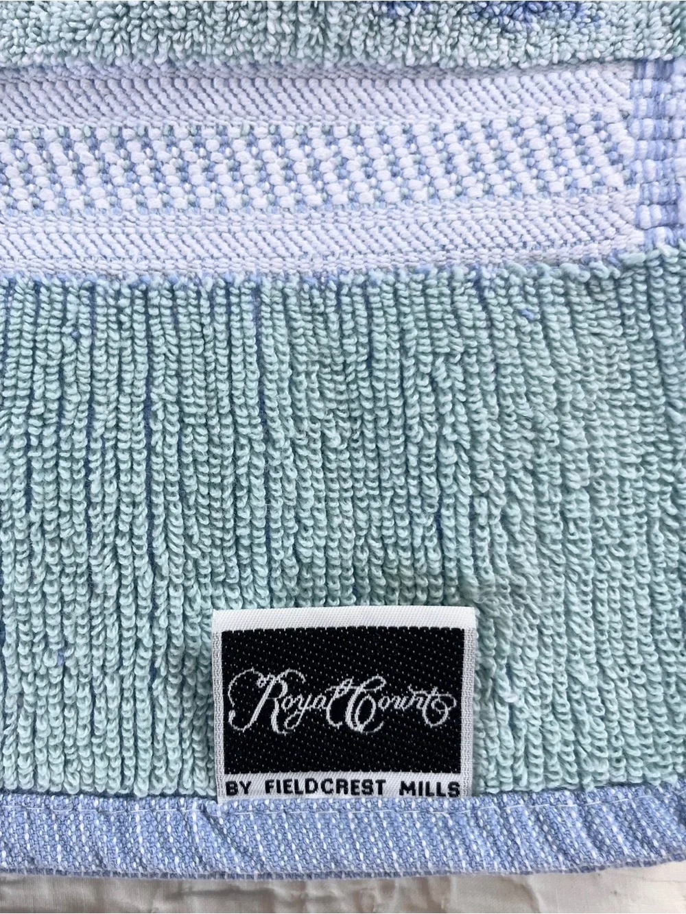Vtg Fieldcrest Mills Royal Court Blue Green Sculpted Rose Cotton Bath Towel USA